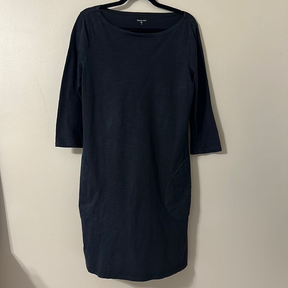 Garnet Hill Black Bateau Neck 3/4 Sleeve Dress Sz 10 Minimalist Coastal Grandma